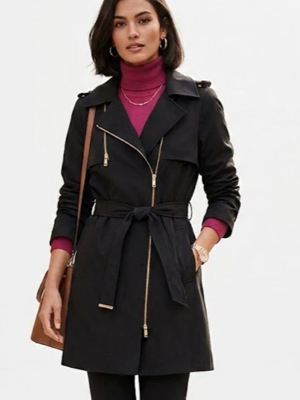 MICHAEL Michael Kors Black Belted Trench Coat with Gold Hardware